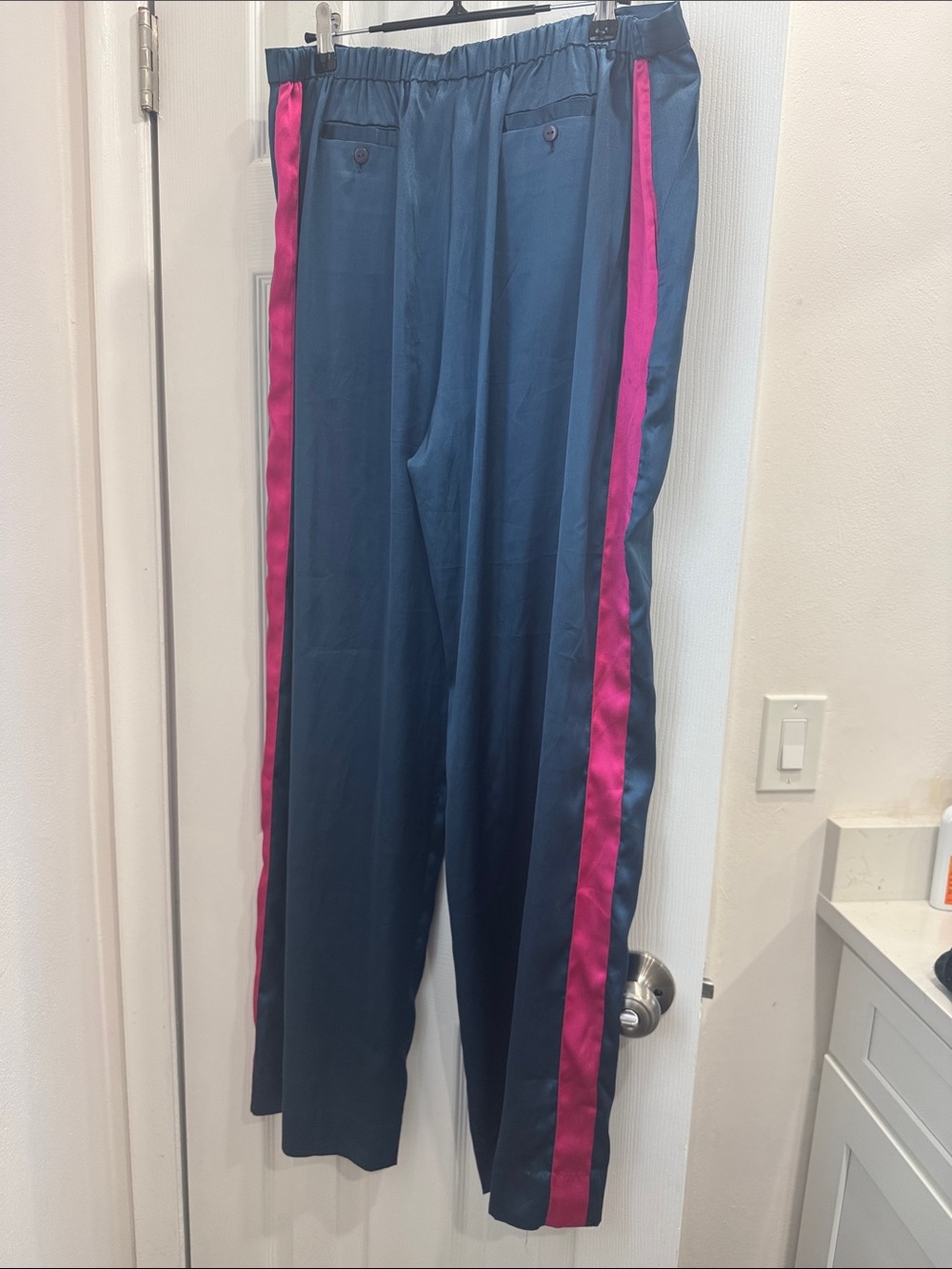 Women's Navy Blue Pants with Pink Side Stripes- feels like Satin!